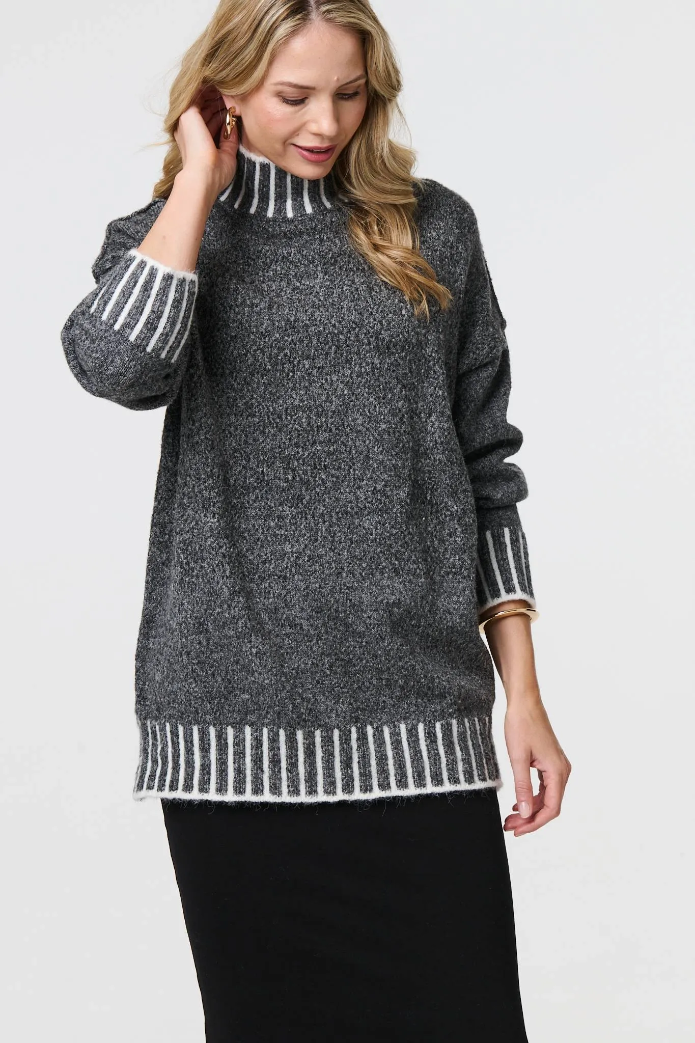 Stripe Trim High Neck Oversized Jumper