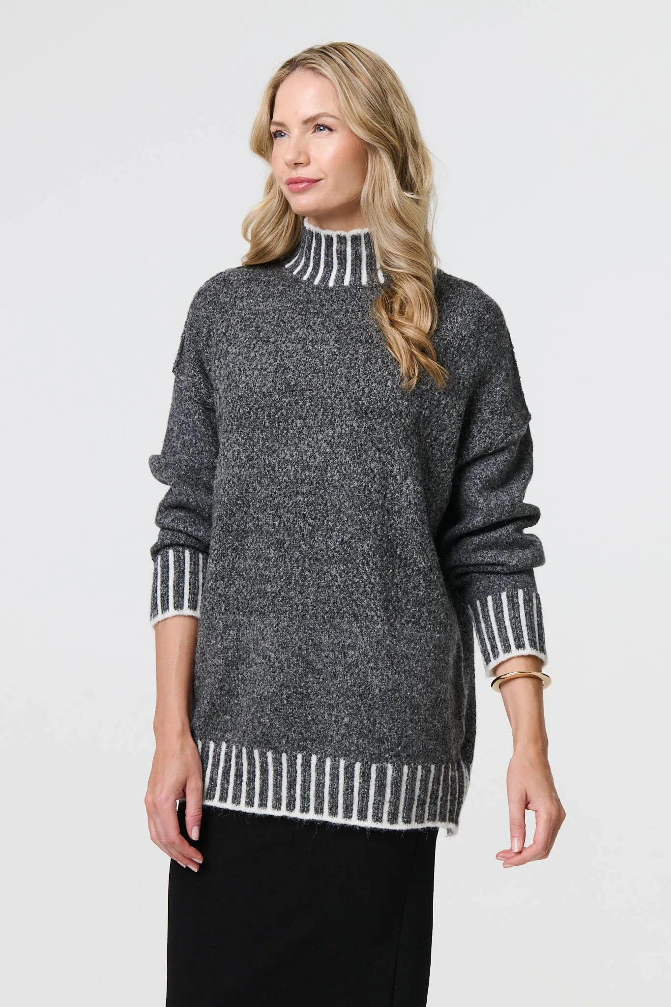 Stripe Trim High Neck Oversized Jumper