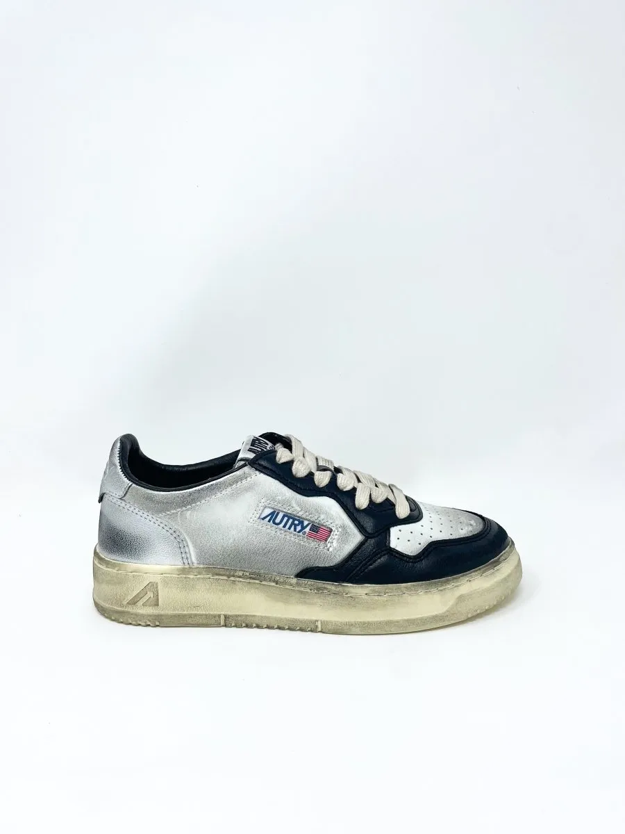 Super Vintage Low Sneakers in White, Black and Silver Leather