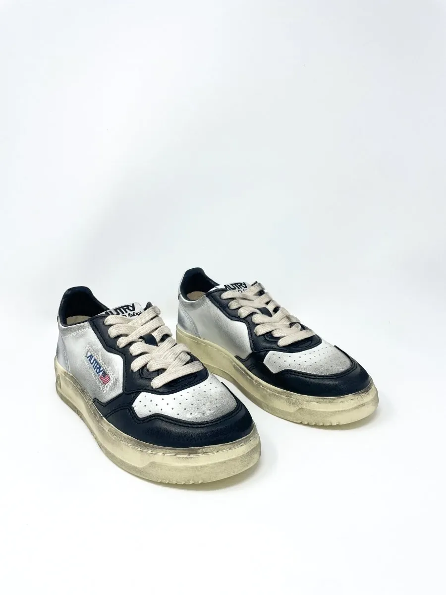 Super Vintage Low Sneakers in White, Black and Silver Leather