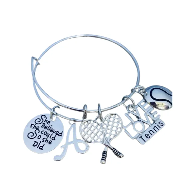 Tennis She Believed She Could Letter Bangle Bracelet