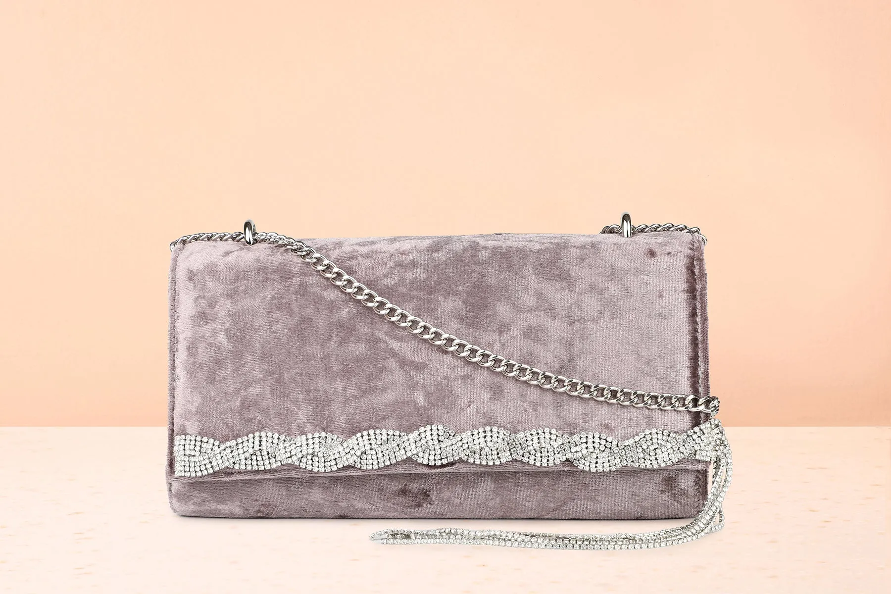 Women Gun Metal Box Clutch With Diamonds