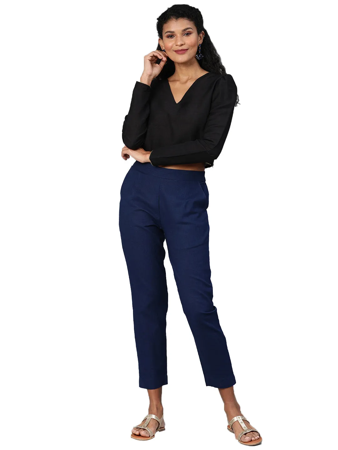 Women Navy Blue Straight Fit Solid Regular Trousers