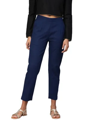 Women Navy Blue Straight Fit Solid Regular Trousers