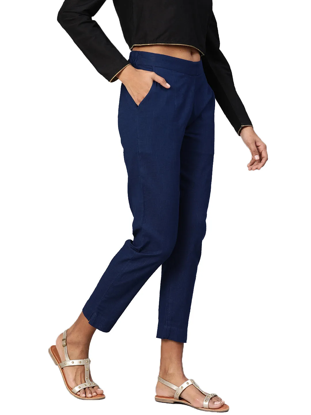 Women Navy Blue Straight Fit Solid Regular Trousers