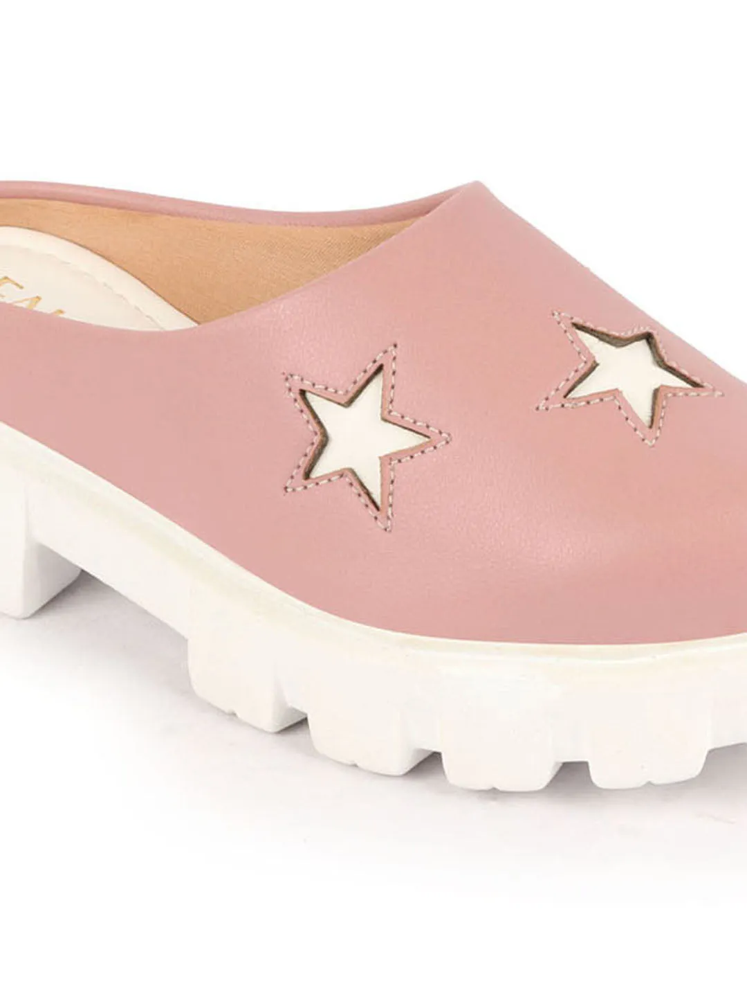 Women Peach Laser Cut Star Open Back Height Enhancer Slip On Casual Shoes